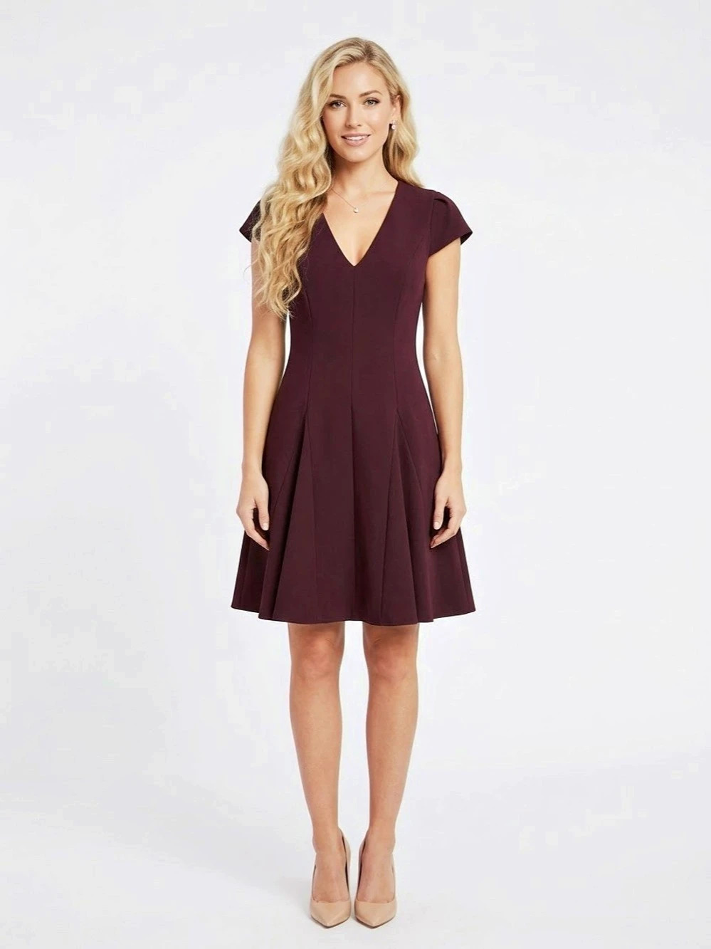 Halston Heritage Burgundy Fit Flare Dress Cap Sleeve V-Neck Crepe Skater Size 2